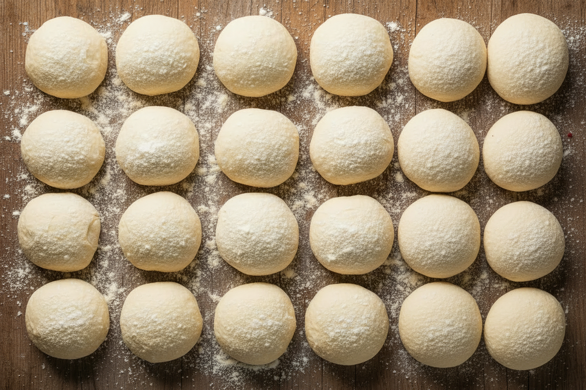 Rows of round dough balls on a wooden surface with flour.